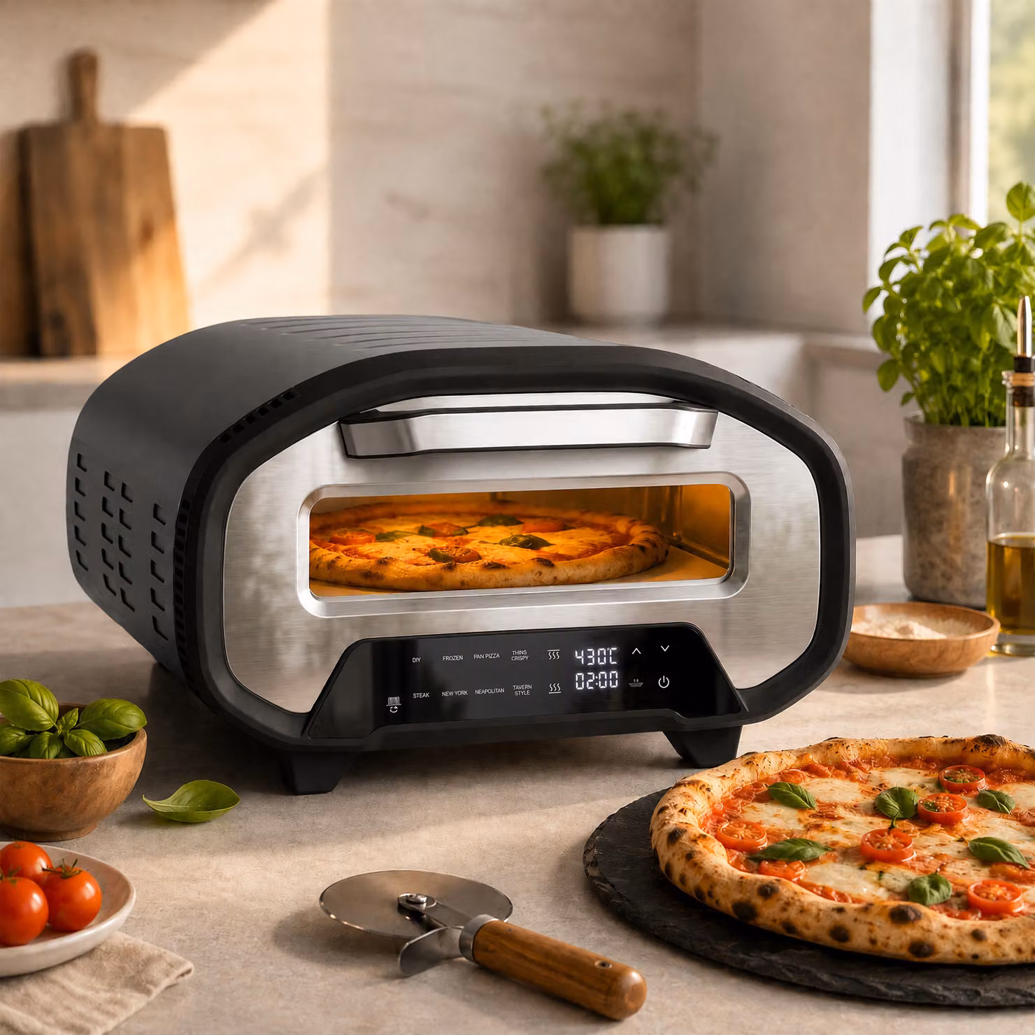HOMCOM Forno elettrico per pizza con 8 programmi, timer digitale e pietra in ceramica, 2200 W, Grigio e Nero – 2