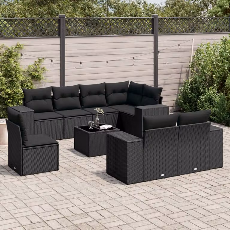 vidaXL Set Divani da Giardino 9 pz in Polyrattan Nero con Cuscini e Tavolino da Esterno