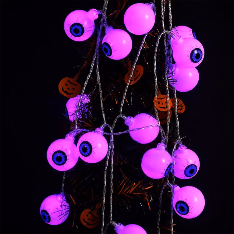 Catena luminosa a tema Halloween, 3 metri, 20 occhi spettrali viola a LED, alimentata a batteria