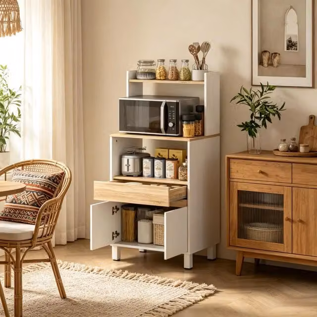 Mensola a colonna, mobiletto per microonde, elegante mobiletto per soggiorno, credenza con scomparti e ripiani a giorno (solo mobiletto per microonde)