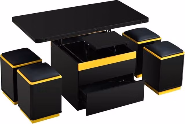 Tavolino da caffè nero lucido con funzione pieghevole e regolabile in altezza, 100x50x43 cm, con 4 sgabelli contenitori