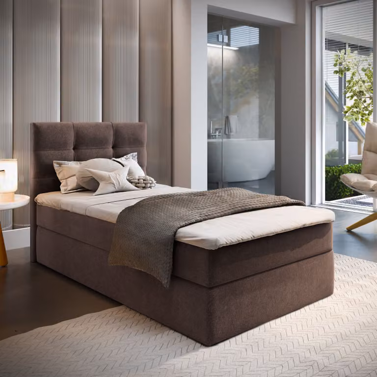 Letto a molle Masseno GLOS 90 90x200 cm completo di materasso e topper Bonell, letto imbottito con cassettiera - marrone, COSMIC 800