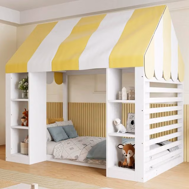Letto singolo elevato per bambini WISHDOR in legno bianco con baldacchino e scomparti laterali L/P/H: 204.5 x 90 x 120 cm