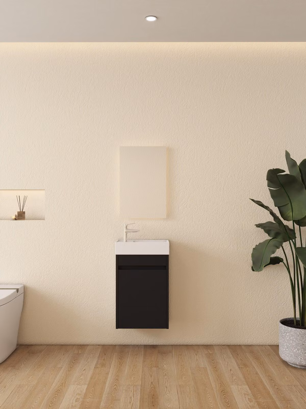 Mobili da bagno - Nero - Lavabo in Vetroceramica bianco lucido, altezza 65 cm, larghezza 41 cm, profondità 22,5 cm