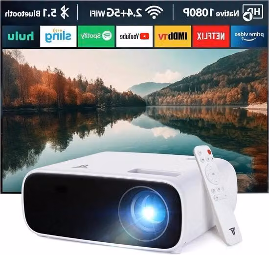Proiettore mini 1080p Full-HD Wi-Fi e Bluetooth con altoparlante compatibile con iOS, Android, laptop, HDMI, PC, TV stick, USB. Proiettore portatile mini