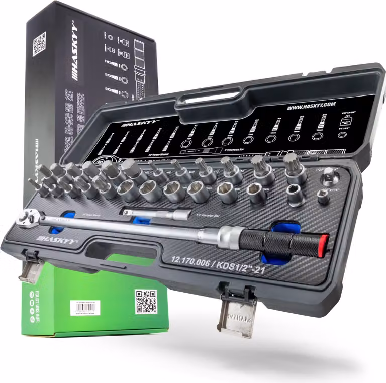 set di chiavi dinamometriche da 1/2" 50-350Nm con inserti per dadi e adattatore in valigetta