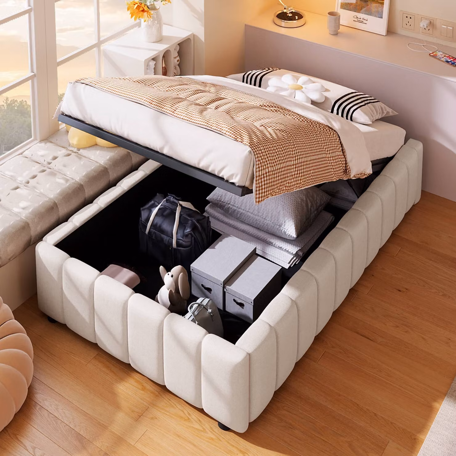 Letto imbottito AIORBER, 90x200 cm, supporto idraulico, facile da montare, struttura in MDF massiccio, biancheria, ampio spazio di archiviazione, beige (senza materasso)