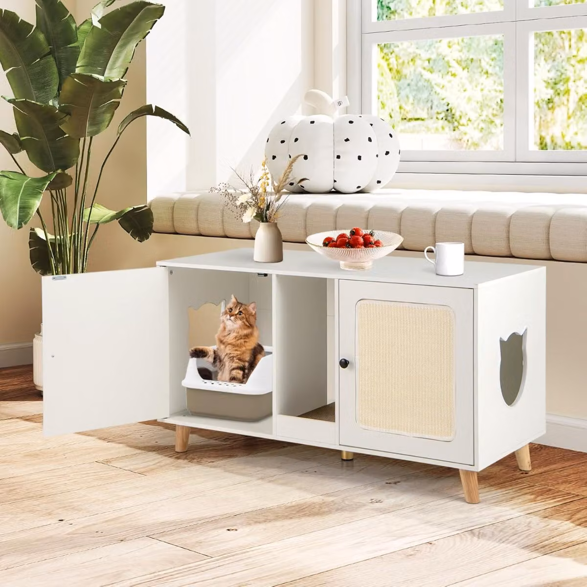 Lettiera per gatti Costway con toilette nascosta, mobile moderno in legno bianco per 2 gatti