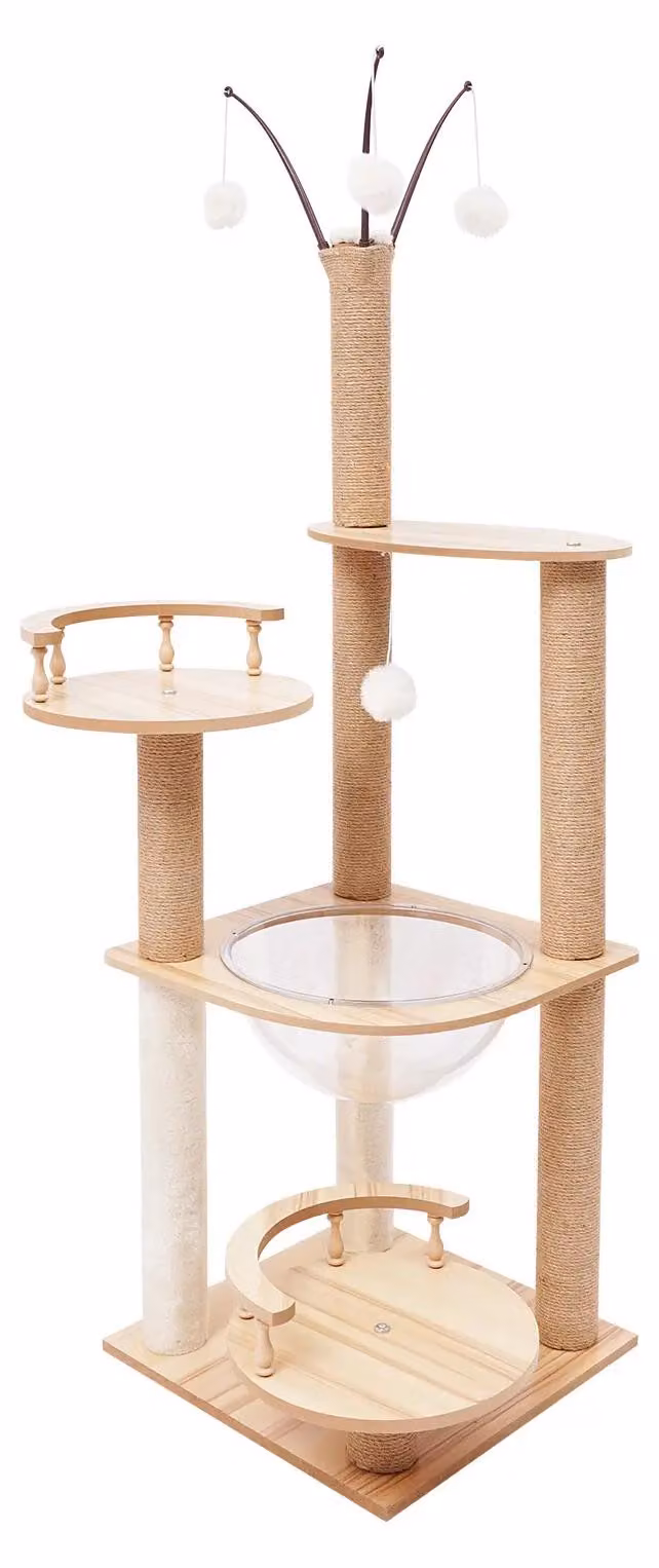 Albero per gatti - Tiragraffi multistrato - 4 livelli - 40x40x132 cm - Pali in sisal - 4 palline appese - Giallo