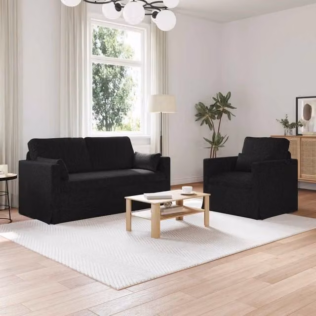 Set di 2 divani moderni vidaXL in tessuto nero con struttura in metallo e coperture rimovibili per soggiorno o camera da letto – 1