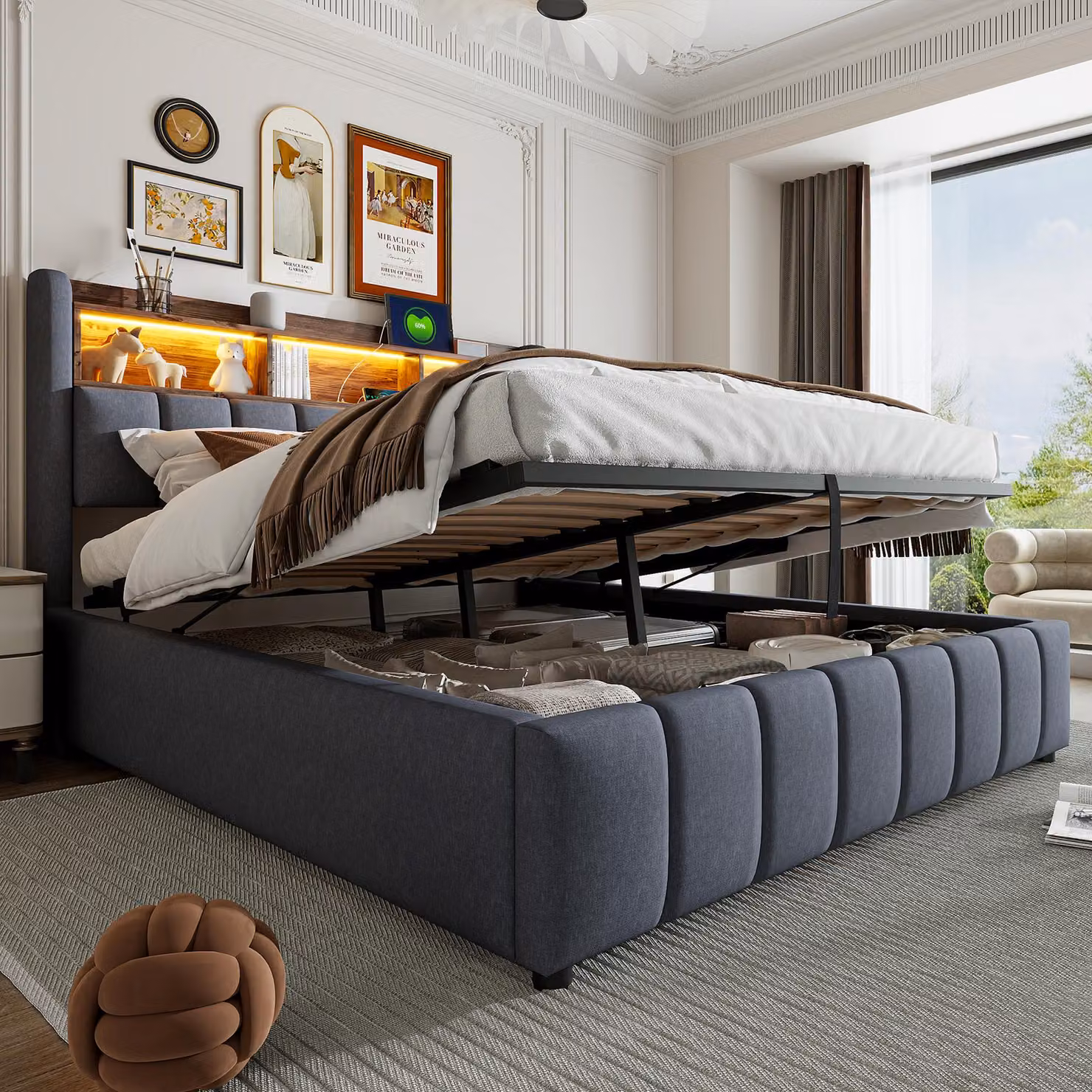 MODFU Letto imbottito senza materasso 180×200 letto matrimoniale con illuminazione a LED, letto junior con porta USB, con mensole nella testata e spazio per riporre oggetti, grigio
