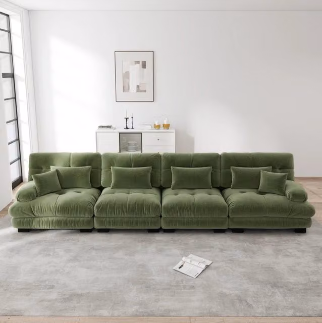 Divano angolare modulare in chenille verde con seduta profonda e cuscini imbottiti