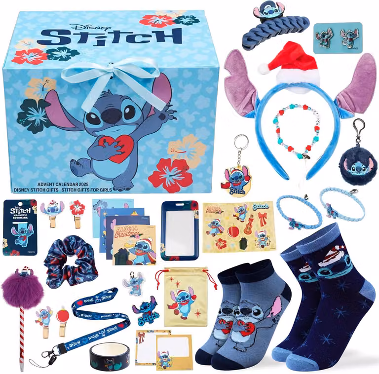 Calendario dell'Avvento Disney Stitch 2025, ideale per ragazze e adolescenti, confezione regalo con accessori, calze, articoli di cancelleria e gioielli