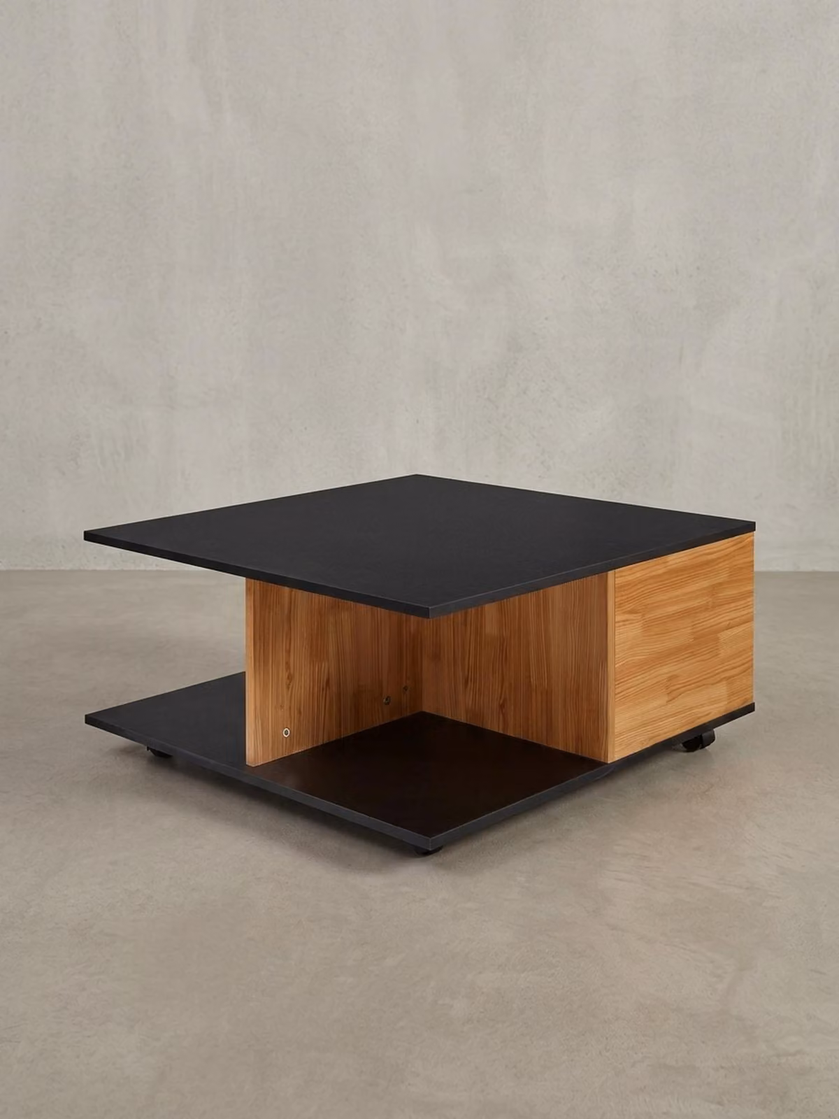 Tavolino design 70x70 cm antracite / rovere sabbiato, tavolino da salotto con 2 cassetti, tavolino da divano con rotelle, tavolino con 2 scomparti
