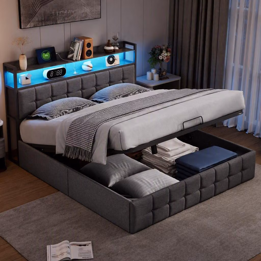 Letto con rete a molle INONEFT, 160x200 cm, letto imbottito con spazio contenitore ad apertura idraulica, letto matrimoniale con illuminazione a LED e prese USB, colore grigio lino, senza materasso