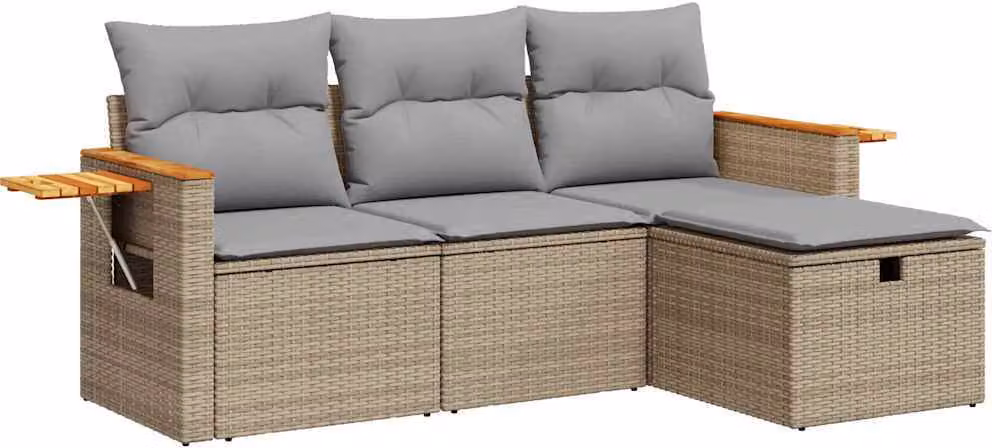 Set Divano da Giardino 4 pz con Cuscini Beige in Polyrattan