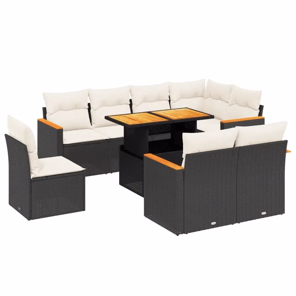 Set di Divani da Giardino a Forma di L vidaXL in Polyrattan Nero con Cuscini e Tavolino da Esterno – 2