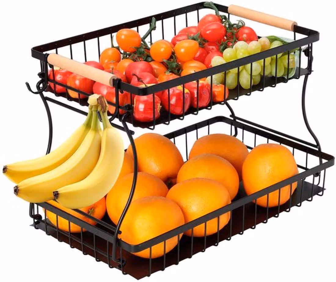 Azomor: espositore per frutta a doppio ripiano con ripiani rimovibili e design moderno