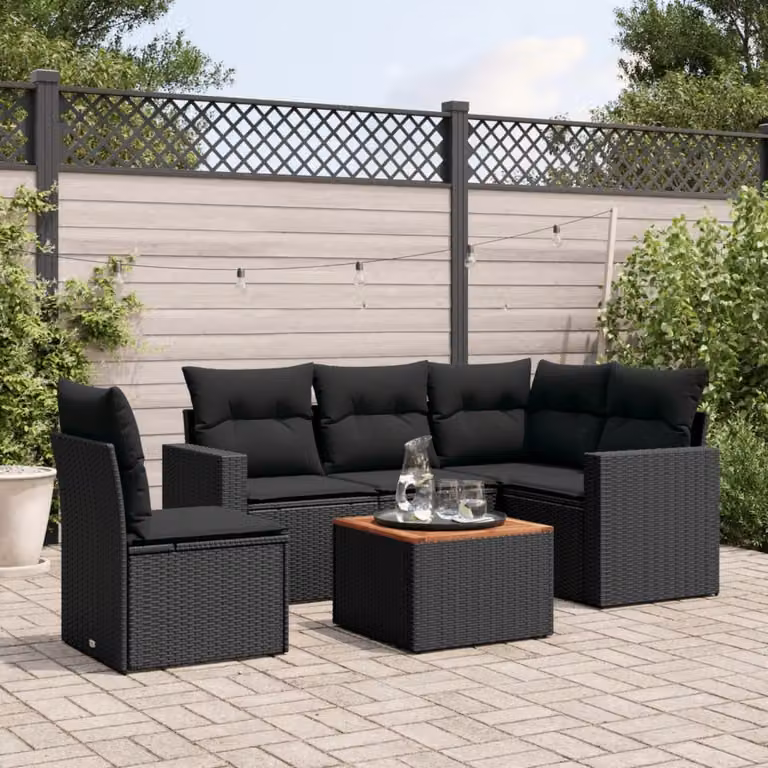 vidaXL Set Divano da Giardino a L in Polyrattan Nero con 6 Pezzi e Cuscini