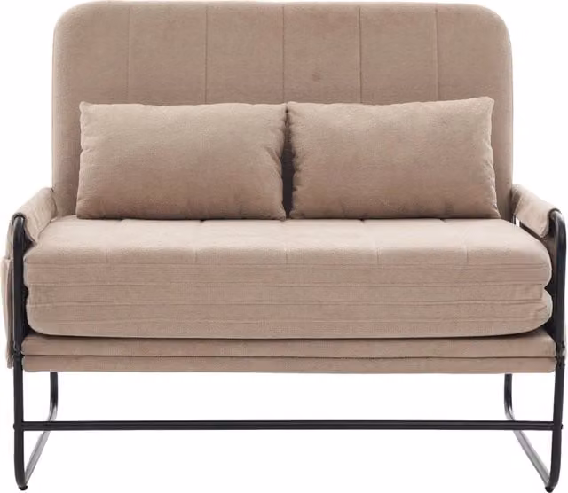 Divano letto pieghevole 2 posti con struttura in metallo e rivestimento in chenille kaki, con funzione contenitore laterale