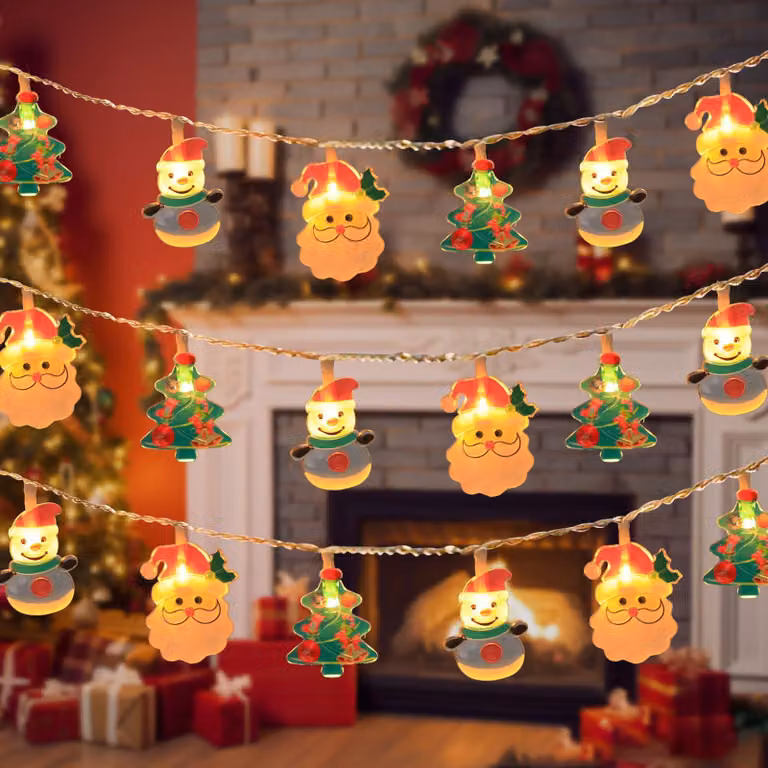 Catena luminosa a LED, lunghezza 3 metri, 20 lampadine a luce calda, con decorazioni a forma di pupazzo di neve e Babbo Natale