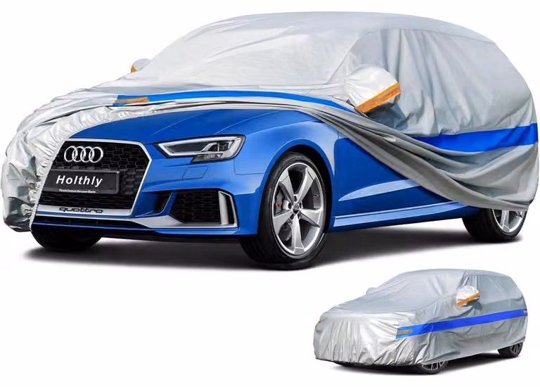 Copertura impermeabile e traspirante per auto, adatta a vetture con bagagliaio inclinato, lunghezza da 415 a 450 cm, colore grigio-blu