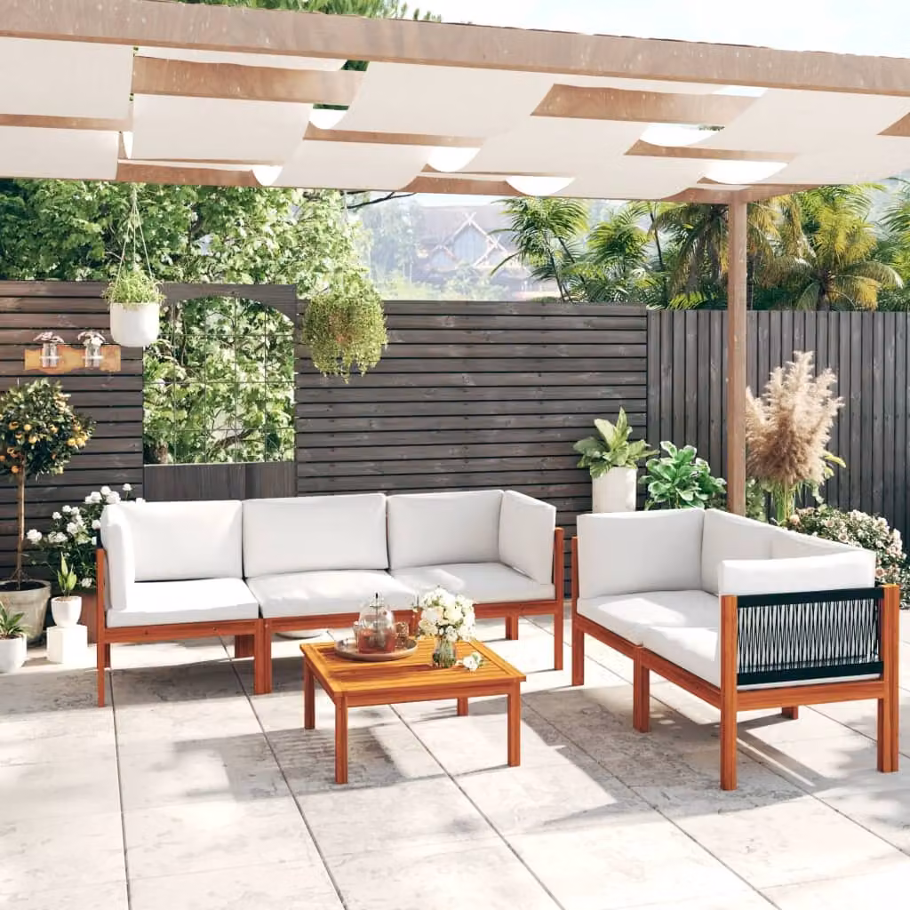 The Living Store Set da giardino da 6 pezzi con cuscini in legno massiccio di acacia bianco crema