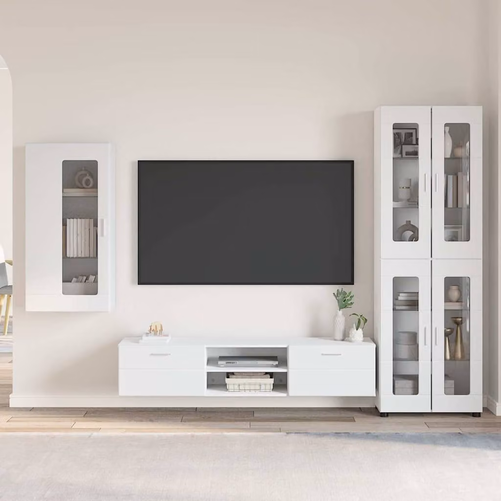 Set mobile TV moderno vidaXL FLORIN in 3 pezzi, Bianco e Legno, L 150 x P 39 x H 30 cm – 1