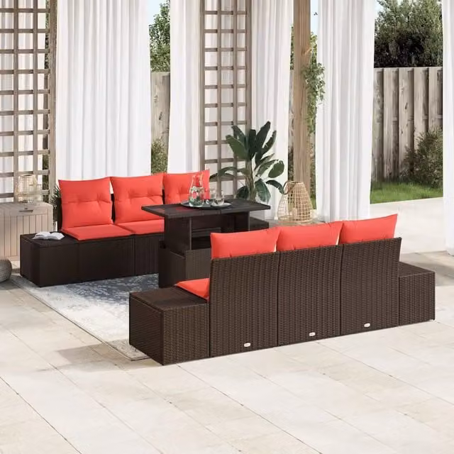 Set di divani 7 pz 6-Numero di posti Marrone e Rosso polyrattan 3349110