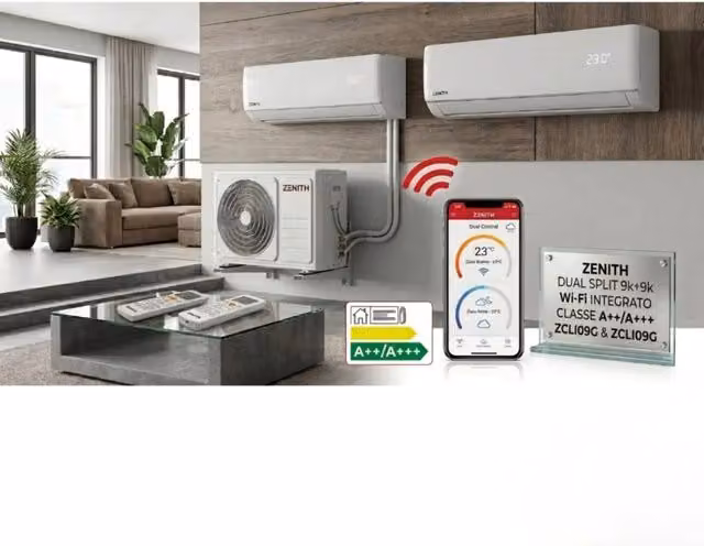 Climatizzatore Dual Split Zenith 9000+9000 BTU Inverter con Pompa di Calore 4,2kW Classe A+++ Bianco con Wi-Fi Integrato e Controllo via App
