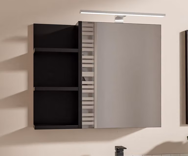 Armadietto Bagno Nero con Specchio e Luce LED 60x50 cm Pensile Bagno 1 Anta Apertura Senza Maniglia Ripiani a Sinistra