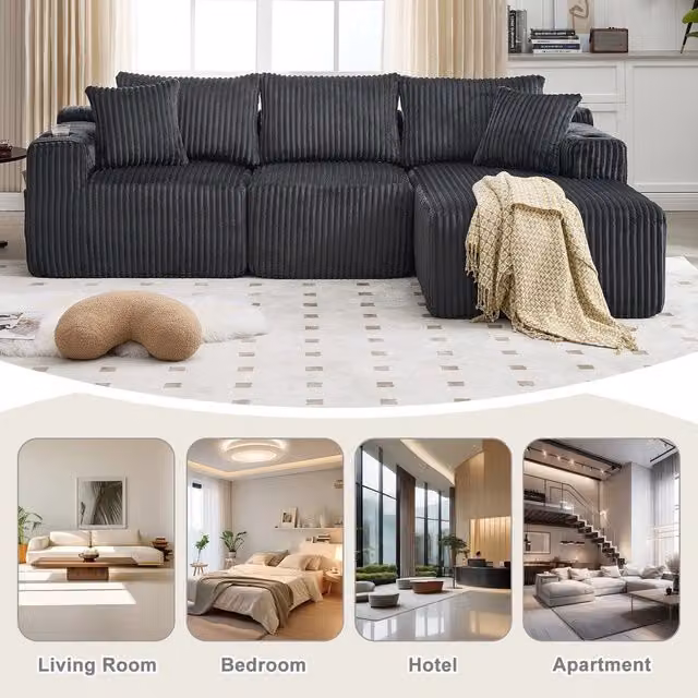 Divano con Chaise Longue 2 Posti ¨C Minimal ¨C Tessuto, con Cuscini