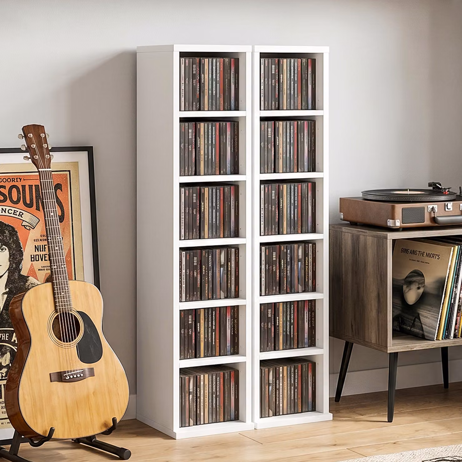 Set di 2 Colonne Scaffale HOMCOM per 204 CD, Blu-Ray e Libri con Ripiani Regolabili, Bianco – 2