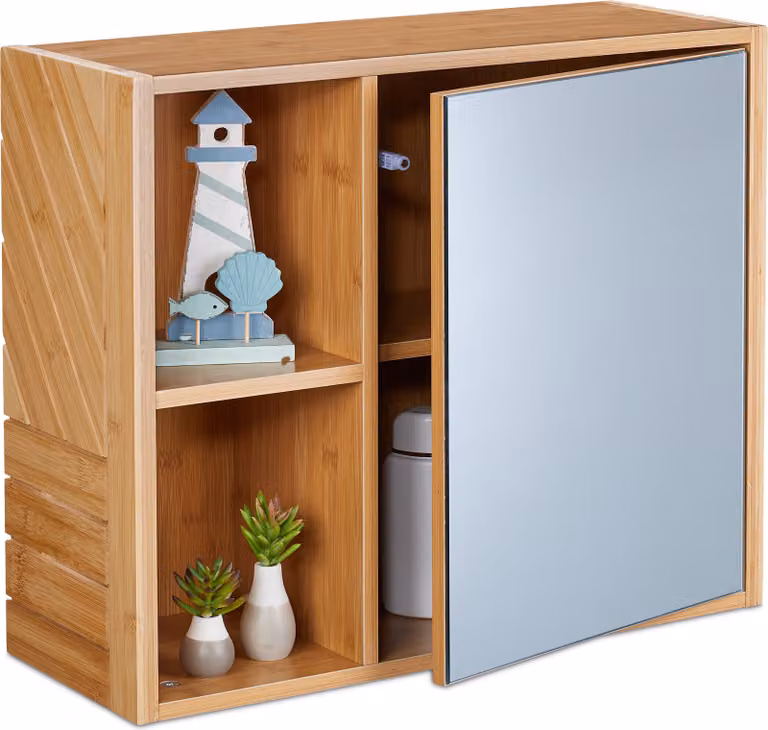 Armadietto a specchio Relaxdays, 2 ripiani aperti, con anta a specchio, A x L x P: 45 x 54,5 x 20 cm, mobile da bagno sospeso, color naturale