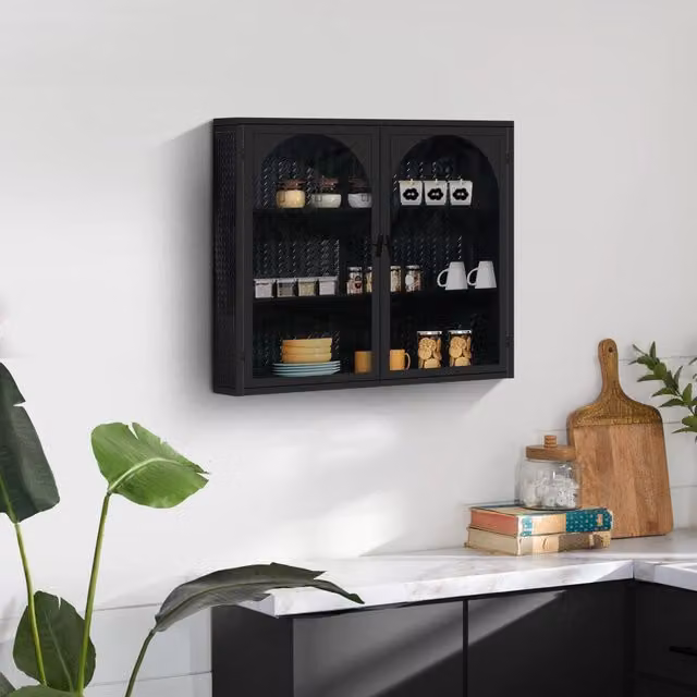 Mobile a muro moderno nero con 2 ante in vetro e 3 ripiani, motivo intrecciato. Per ingresso, soggiorno, bagno, sala da pranzo. Altezza 70 cm