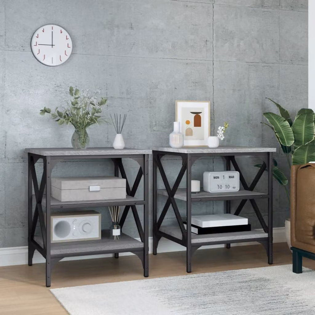 Set di 2 tavolini vidaXL in legno e metallo, colore grigio, stile industriale, L/P/H: 40 x 42 x 50 cm