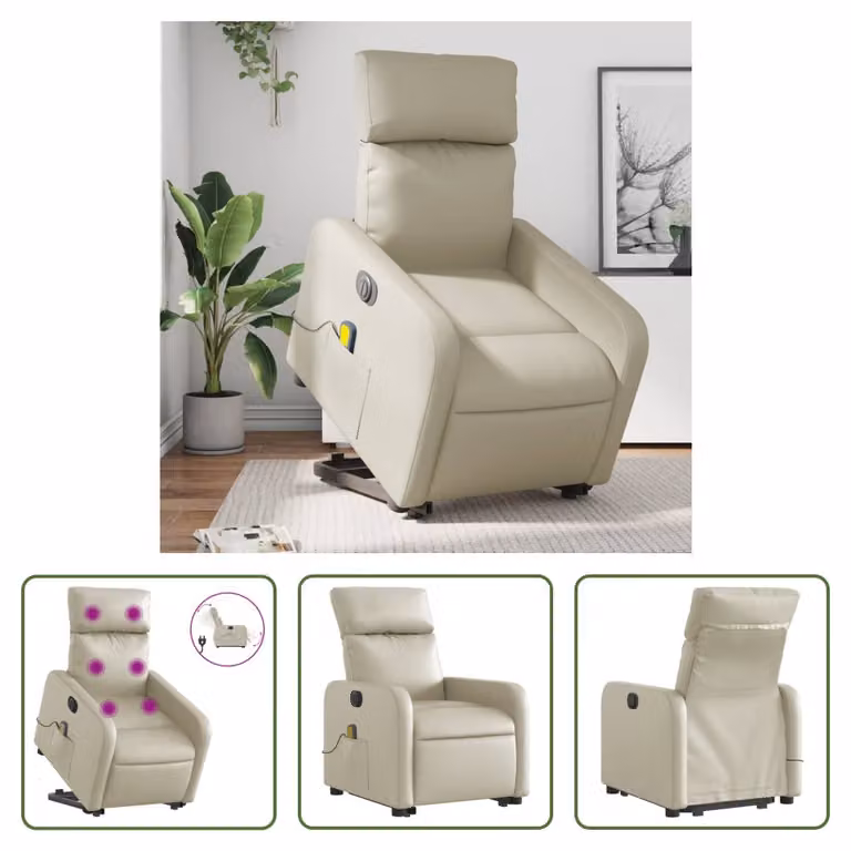 The Living Store Poltrona massaggiante con ausilio elettrico in ecopelle crema