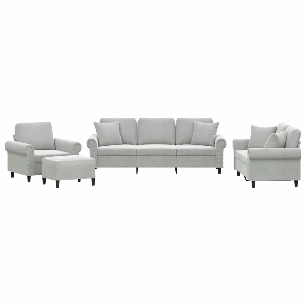 Set di divani vidaXL da 4 pezzi in velluto grigio con cuscini e pouf per soggiorno – 2