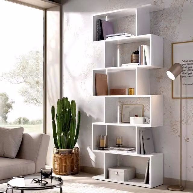 Libreria Dfomme bifacciale moderna con 5 ripiani, scaffale divisorio bianco lucido, L: 80 cm, P: 25 cm, H: 192 cm