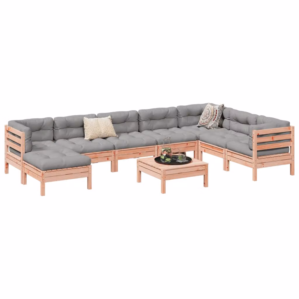 Set di divani da giardino vidaXL a forma di L composto da 9 pezzi in legno massello con cuscini imbottiti marroni e grigi