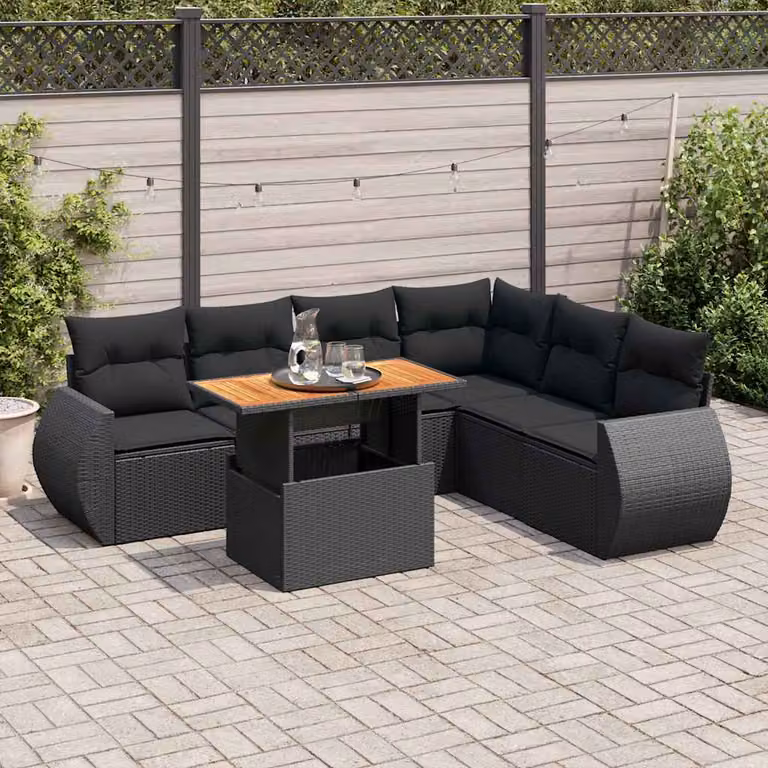 Set Divano da Giardino a L vidaXL in Polyrattan Nero con 7 Cuscini e Tavolino da Esterno