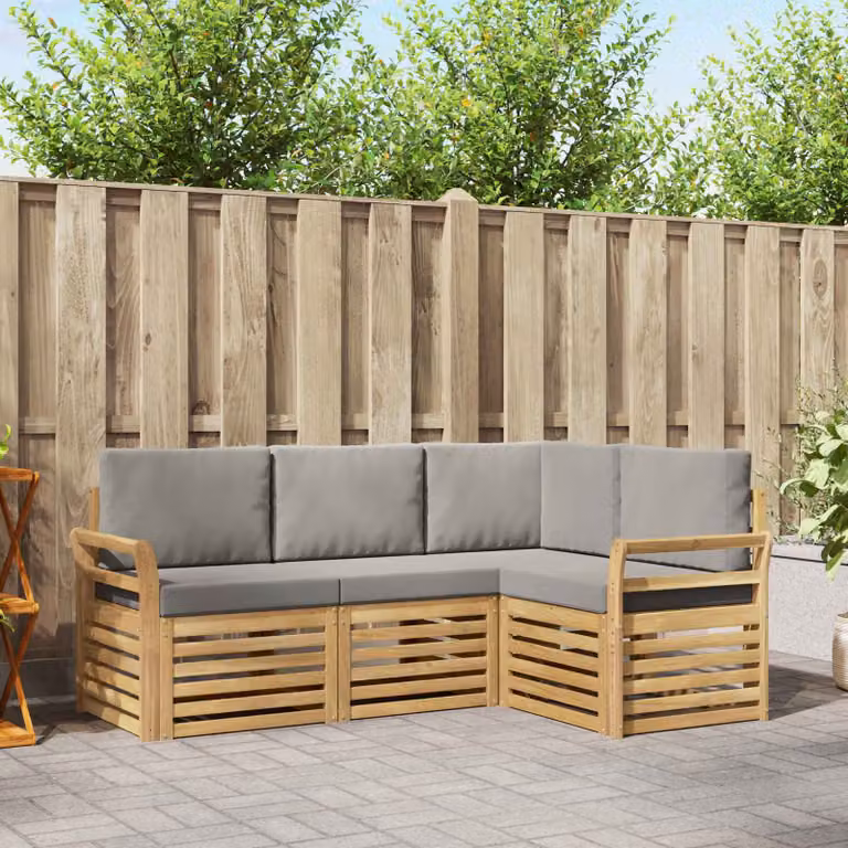 vidaXL Set di divani da esterno a L composto da 4 pezzi in legno di acacia con cuscini bianchi e grigi