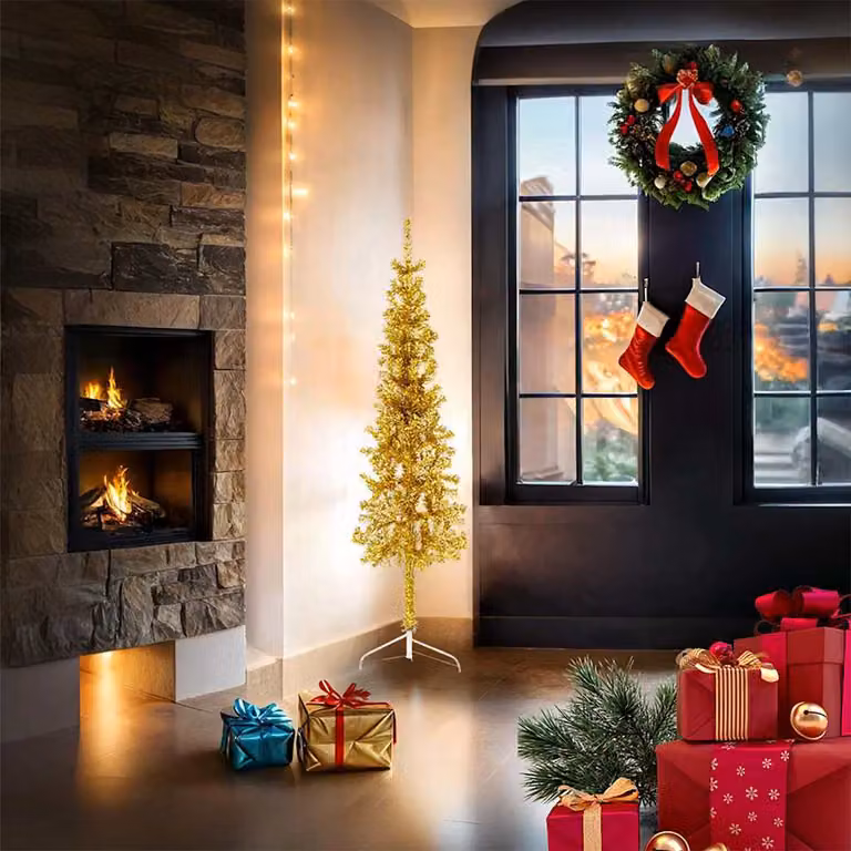 vidaXL Albero Natale Artificiale Sottile a Metà con Supporto Oro 150cm