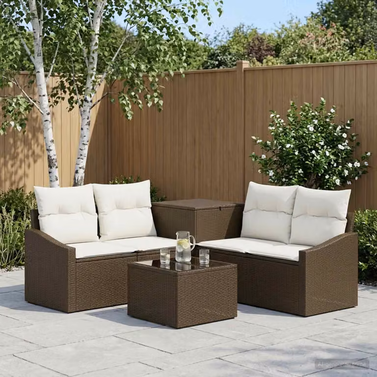 Set di divani da giardino vidaXL in polyrattan marrone e bianco crema con tavolo da caffè e pouf coordinato