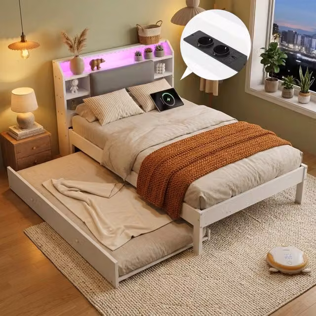 Letto in legno 120x200 cm con letto estraibile 90x190 cm, letto funzionale bianco con testiera imbottita, striscia LED, mensola e ricarica