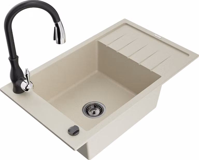 Mexen Elias lavello in granito 1-vasca con sgocciolatoio e rubinetto cucina Savita, beige - 6511-69-672601-70