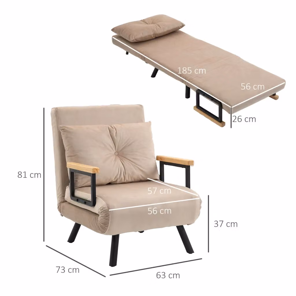 Poltrona letto pieghevole WISHDOR in tessuto beige con struttura in metallo e braccioli, ideale per soggiorno e camera da letto – 2