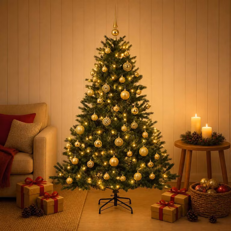 Albero di Natale artificiale con decorazioni a forma di sfera natalizia, altezza 120 cm, con 150 luci a LED