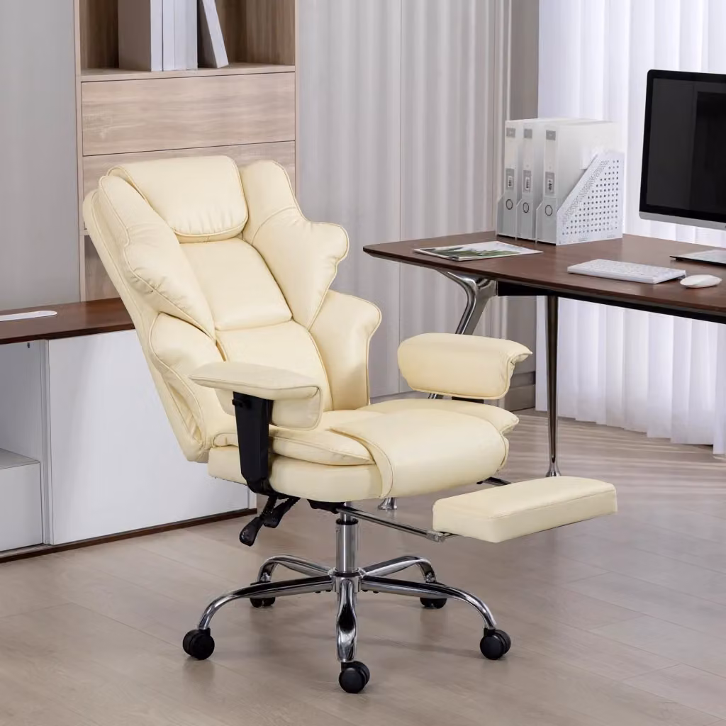 Sedia da Ufficio Executive Giordanoshop con Poggiatesta e Poggiapiedi in Pelle PU e Metallo, Colore Bianco Crema, L: 73 cm, P: 76 cm, H: 117-125 cm – 2