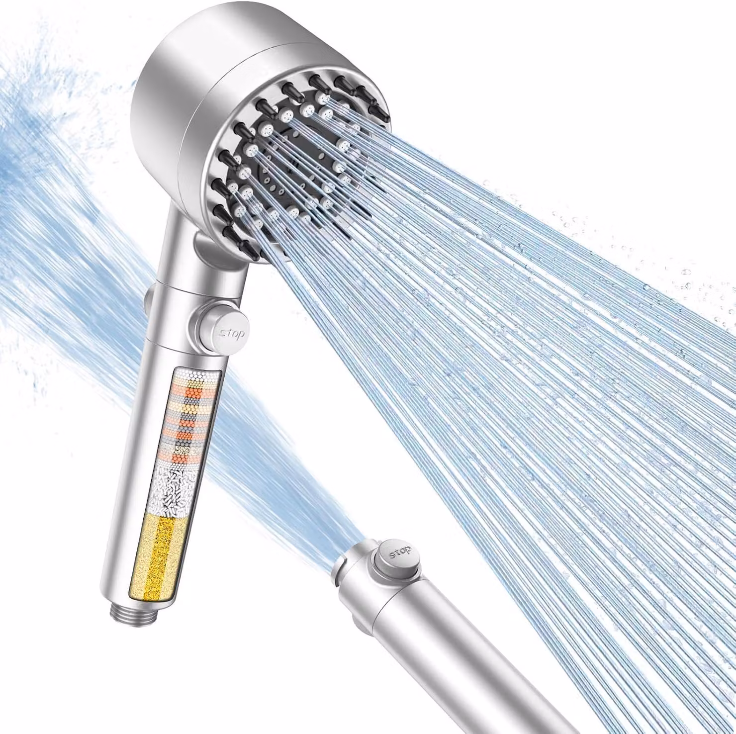 Doccia, filtro anticalcare a 15 strati, 3 tipi di getto, risparmio idrico, finitura argento per bagno